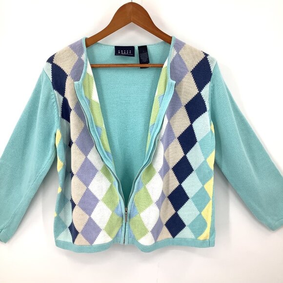 Crazy Horse Women's Large L Multicolor Pastel Argyle Full Zip Sweater Cardigan - Picture 3 of 6
